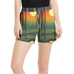 Outdoors Night Moon Full Moon Trees Setting Scene Forest Woods Light Moonlight Nature Wilderness Lan Women s Runner Shorts by Posterlux