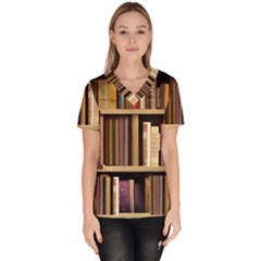Books Bookshelves Office Fantasy Background Artwork Book Cover Apothecary Book Nook Literature Libra Women s V-neck Scrub Top by Posterlux