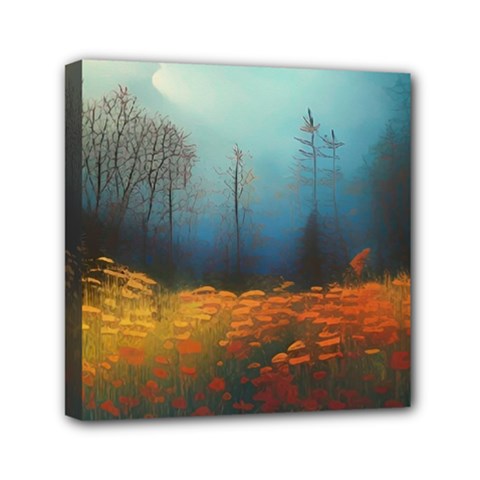 Wildflowers Field Outdoors Clouds Trees Cover Art Storm Mysterious Dream Landscape Mini Canvas 6  X 6  (stretched) by Posterlux