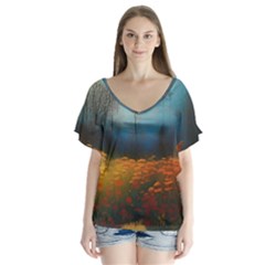 Wildflowers Field Outdoors Clouds Trees Cover Art Storm Mysterious Dream Landscape V-neck Flutter Sleeve Top by Posterlux