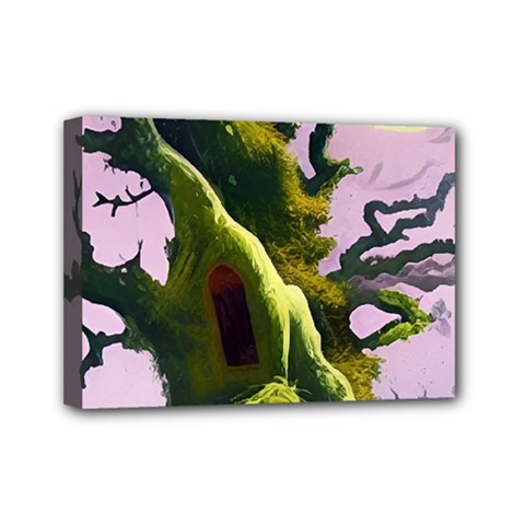 Outdoors Night Full Moon Setting Scene Woods Light Moonlight Nature Wilderness Landscape Mini Canvas 7  X 5  (stretched) by Posterlux