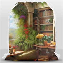 Room Interior Library Books Bookshelves Reading Literature Study Fiction Old Manor Book Nook Reading Drawstring Bag (large) by Posterlux