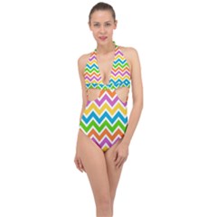 Chevron Pattern Design Texture Halter Front Plunge Swimsuit by Anend