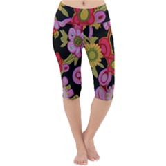 Mid Century Retro Floral 1970s 1960s Pattern 70 Lightweight Velour Cropped Yoga Leggings by violetheavensky
