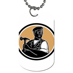 Carpenter Holding Hammer Woodcut Dog Tag (two-sided)  by retrovectors