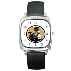 Carpenter Holding Hammer Woodcut Square Leather Watch by retrovectors