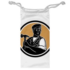 Carpenter Holding Hammer Woodcut Jewelry Bag by retrovectors