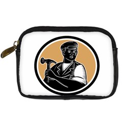 Carpenter Holding Hammer Woodcut Digital Camera Leather Case by retrovectors
