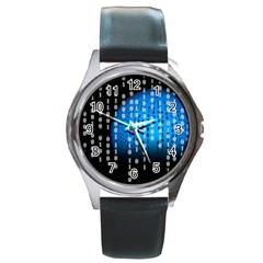 Binary Rain Round Leather Watch (silver Rim) by StuffOrSomething