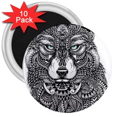 Intricate Elegant Wolf Head Illustration 3  Magnets (10 Pack)  by Dushan