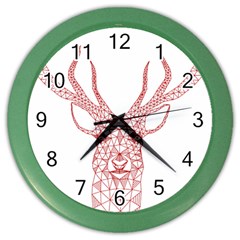 Modern Red Geometric Christmas Deer Illustration Color Wall Clocks by Dushan