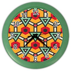 Triangles And Hexagons Pattern Color Wall Clock by LalyLauraFLM
