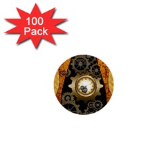 Steampunk Golden Design With Clocks And Gears 1  Mini Buttons (100 Pack)  by FantasyWorld7