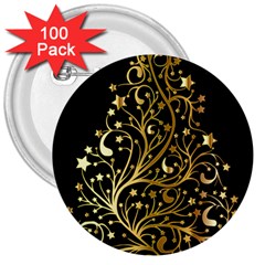 Decorative Starry Christmas Tree Black Gold Elegant Stylish Chic Golden Stars 3  Buttons (100 Pack)  by yoursparklingshop