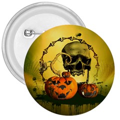 Halloween, Funny Pumpkins And Skull With Spider 3  Buttons by FantasyWorld7