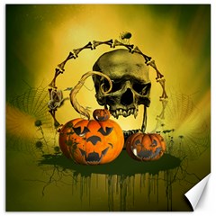 Halloween, Funny Pumpkins And Skull With Spider Canvas 12  X 12   by FantasyWorld7