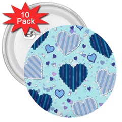 Light And Dark Blue Hearts 3  Buttons (10 Pack)  by LovelyDesigns4U