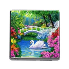 Swan Bird Spring Flowers Trees Lake Pond Landscape Original Aceo Painting Art Memory Card Reader (square) by Amaryn4rt