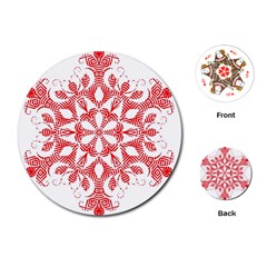 Red Pattern Filigree Snowflake On White Playing Cards (round)  by Amaryn4rt