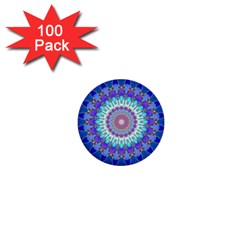 Power Flower Mandala   Blue Cyan Violet 1  Mini Buttons (100 Pack)  by EDDArt
