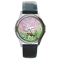 Wonderful Unicorn With Foal On A Mushroom Round Metal Watch by FantasyWorld7