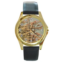 Landscape Scene Colored Trees At Glacier Lake  Patagonia Argentina Round Gold Metal Watch by dflcprints