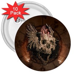 Awesome Creepy Skull With Rat And Wings 3  Buttons (10 Pack)  by FantasyWorld7