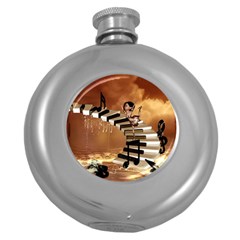 Cute Little Girl Dancing On A Piano Round Hip Flask (5 Oz) by FantasyWorld7