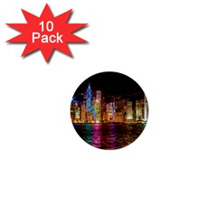 Light Water Cityscapes Night Multicolor Hong Kong Nightlights 1  Mini Buttons (10 Pack)  by Sapixe