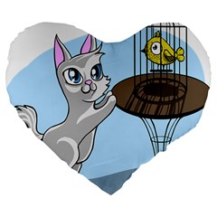 Cat Bird Cage Hunt Hunting Pet Large 19  Premium Flano Heart Shape Cushions by Sapixe