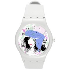 Girl With Hat Round Plastic Sport Watch (m) by snowwhitegirl