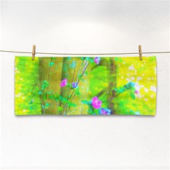 Hot Pink Abstract Rose Of Sharon On Bright Yellow Hand Towel by myrubiogarden