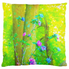 Hot Pink Abstract Rose Of Sharon On Bright Yellow Large Flano Cushion Case (two Sides) by myrubiogarden