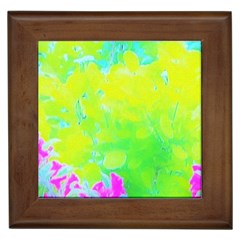 Fluorescent Yellow And Pink Abstract Garden Foliage Framed Tiles by myrubiogarden