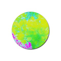 Fluorescent Yellow And Pink Abstract Garden Foliage Rubber Round Coaster (4 Pack)  by myrubiogarden