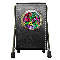 Neon Hibiscus Pen Holder Desk Clock by retrotoomoderndesigns
