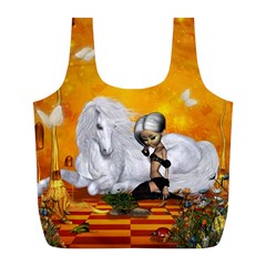 Wonderful Unicorn With Fairy Full Print Recycle Bag (l) by FantasyWorld7