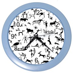 Petroglyph Runic Cavemen Nordic Black Paleo Drawings Pattern Color Wall Clock by snek