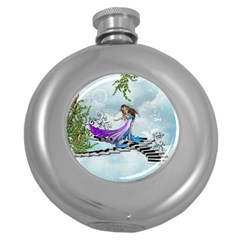 Cute Fairy Dancing On A Piano Round Hip Flask (5 Oz) by FantasyWorld7