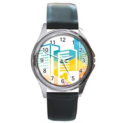 Silhouette Cityscape Building Icon Color City Round Metal Watch by Sudhe