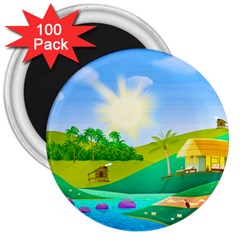 Tropical Resort Huts Lake River 3  Magnets (100 Pack) by Simbadda