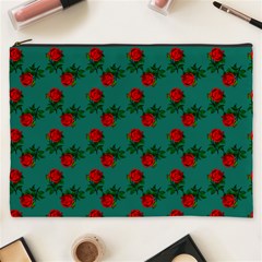 Red Roses Teal Green Cosmetic Bag (xxxl) by snowwhitegirl