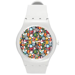 Colorful Pattern With Decorative Christmas Elements Round Plastic Sport Watch (m) by Vaneshart