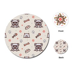 Pug Dog Cat With Bone Fish Bones Paw Prints Ball Seamless Pattern Vector Background Playing Cards Single Design (round) by Vaneshart