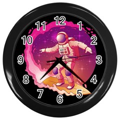 Astronaut Spacesuit Standing Surfboard Surfing Milky Way Stars Wall Clock (black) by Vaneshart