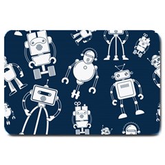 White Robot Blue Seamless Pattern Large Doormat  by Vaneshart