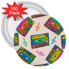 Seamless Pattern With Colorfu Cassettes Hippie Style Doodle Musical Texture Wrapping Fabric Vector 3  Buttons (100 Pack)  by Amaryn4rt
