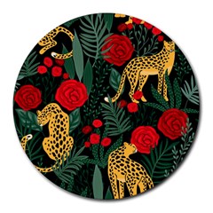 Seamless-pattern-with-leopards-and-roses-vector Round Mousepads by Sobalvarro