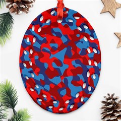 Red And Blue Camouflage Pattern Ornament (oval Filigree) by SpinnyChairDesigns