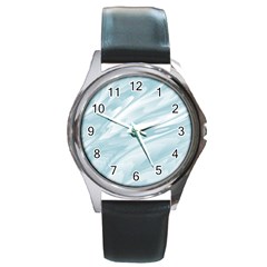 Light Blue Feathered Texture Round Metal Watch by SpinnyChairDesigns